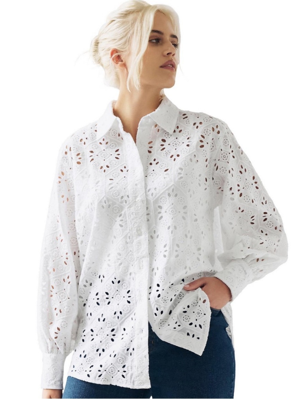On 34th White Eyelet Cotton Blouse Size XL